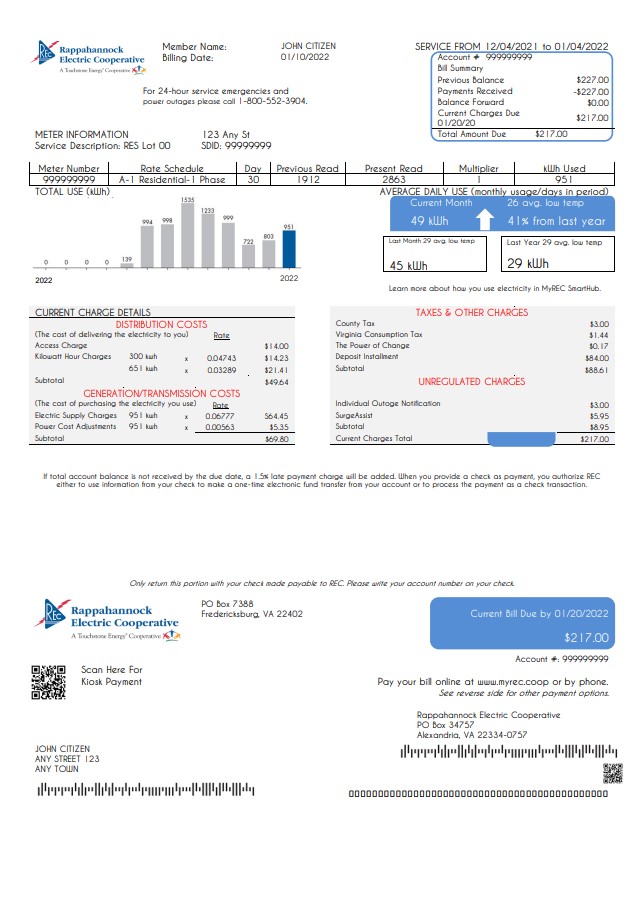 USA Rappahannock Electric Cooperative utility bill template in Word and PDF format